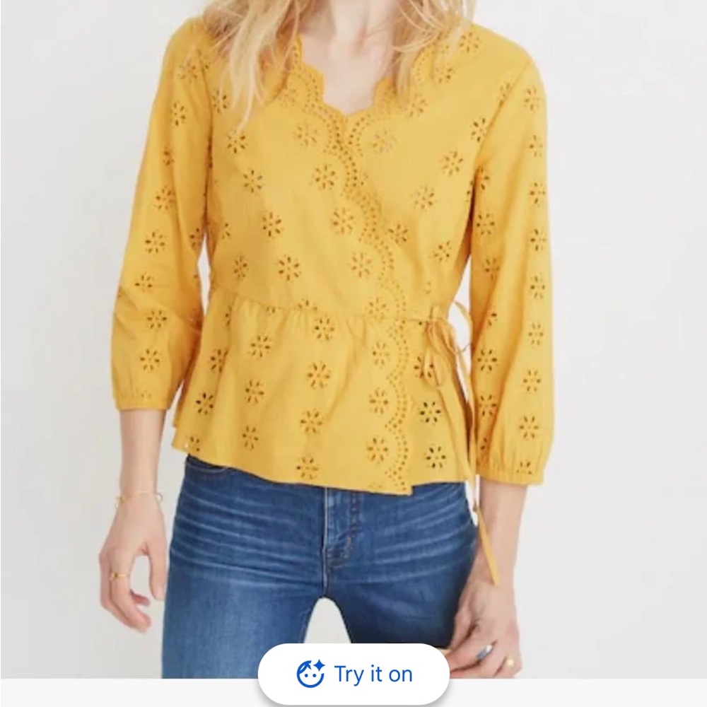 Madewell Scalloped Eyelet Wrap Top - Mustard